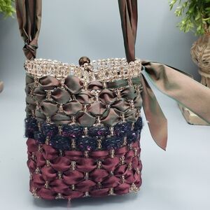 Toto Victorian Satin Ribbons w/ Crystal Embellishments Wine Brown Green 5 x 5